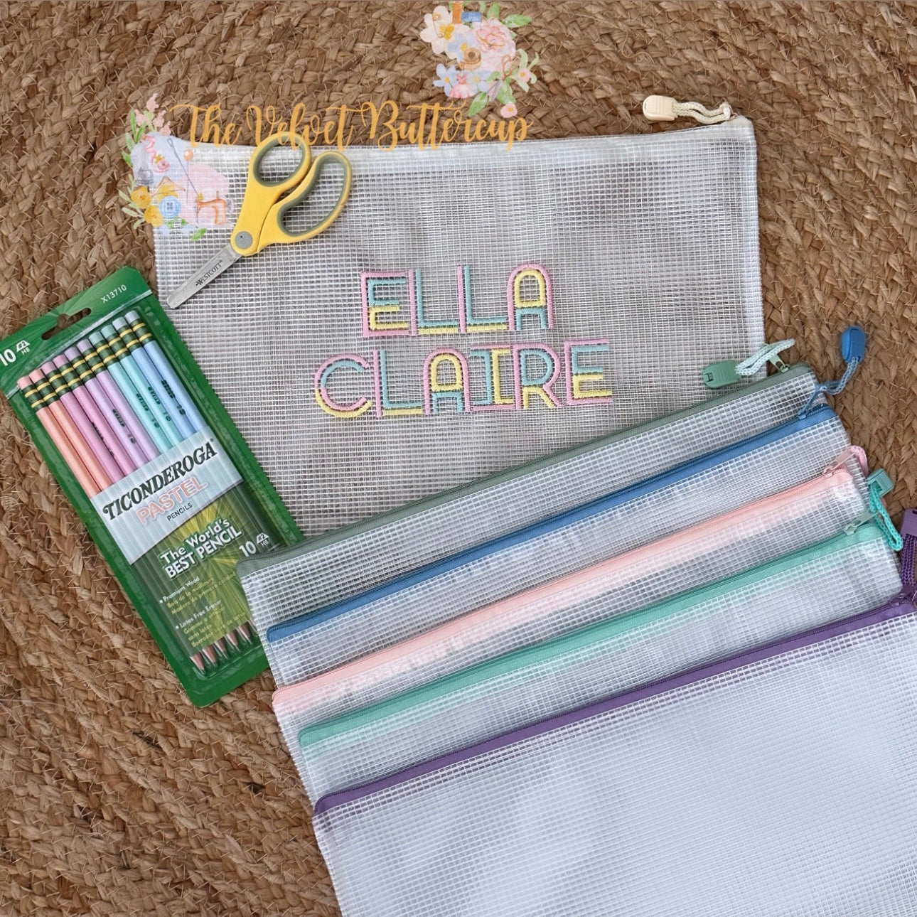 Zip Bag or Pencil Pouch with Embroidered Name or Monogram or Wording