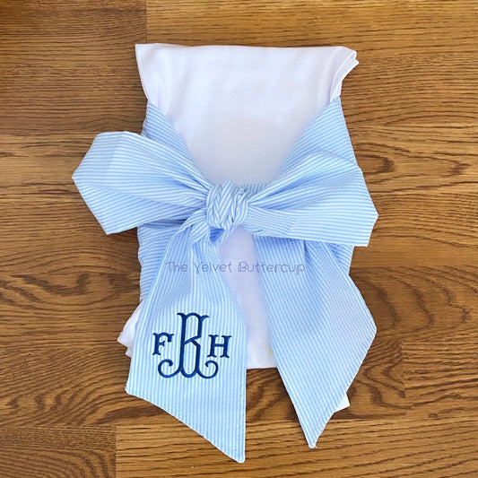 Baby Swaddle - Monogrammed Seersucker Swaddle - Bow - Newborn Photoshoot - Newborn Photos, Maternity Photo Prop, Newborn Photo Prop