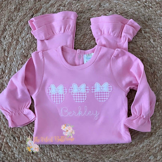 Minnie Mouse Appliqué Trio Shirt or Romper with Embroidered Name