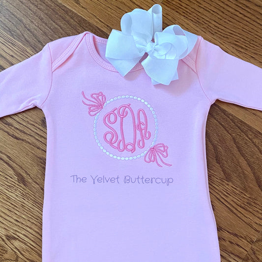 Baby Gown with Pearl Monogram Frame and Bows