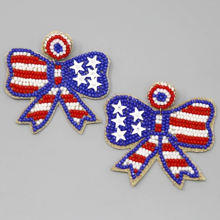 Patriotic Bow Beaded Earrings