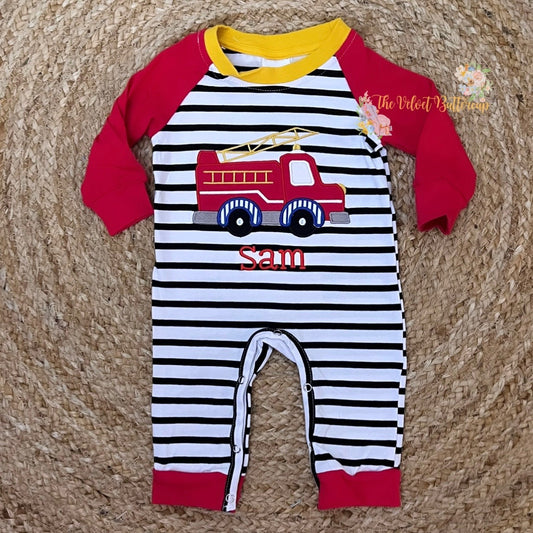 Firetruck Long Sleeve Romper with Embroidered Name